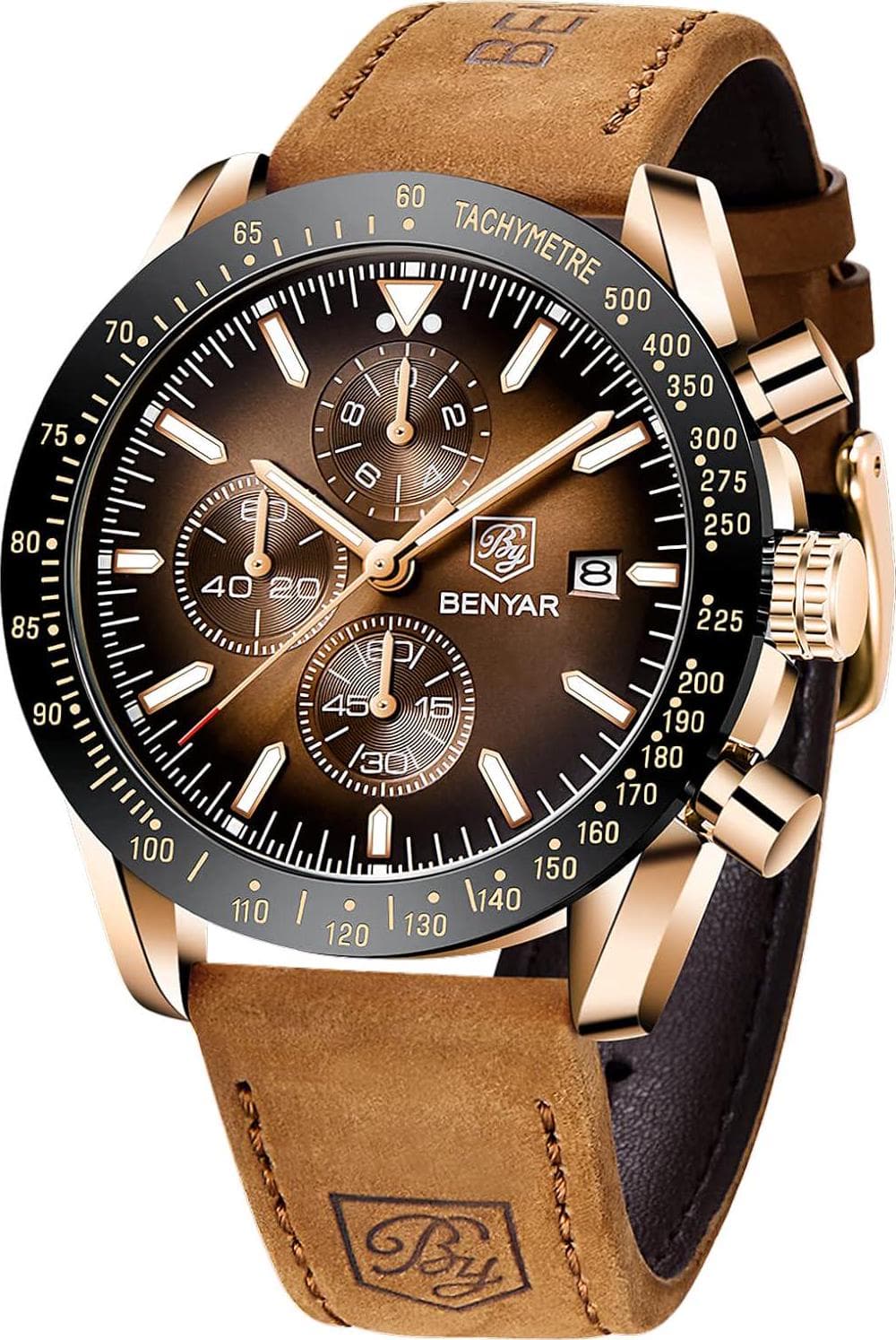 BENYAR Mens Watches Quartz Movement Chronograph Leather Strap Fashion Business Sport Design 30M Waterproof Scratch Resistant Elegant Gifts for Men