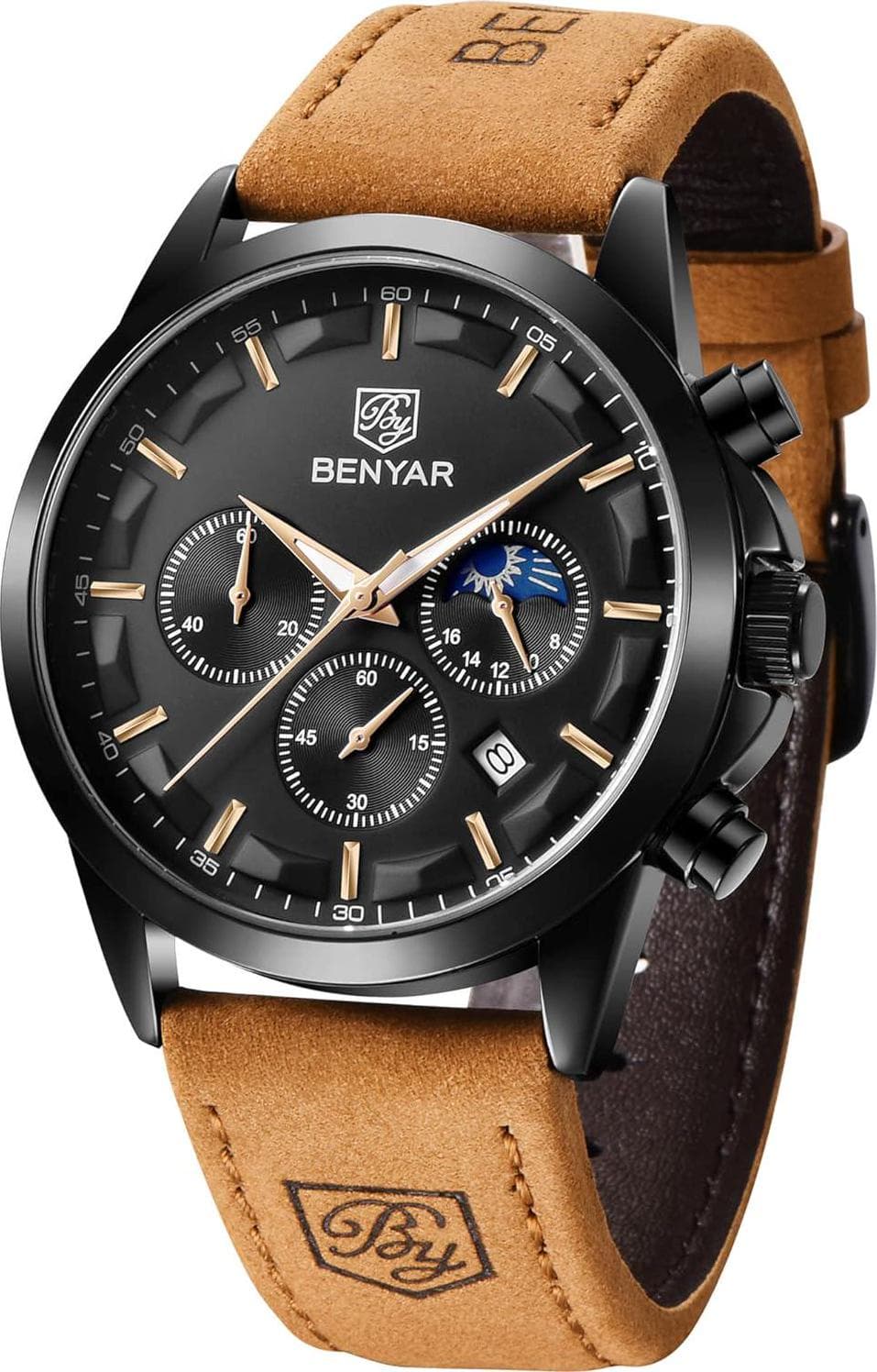 BENYAR Mens Watches Waterproof Wrist Watch for Men Multifunction Chronograph Black Fashion Business Casual Sport Designer Dress Watch with Calendar Leather/Stainless Steel Strap
