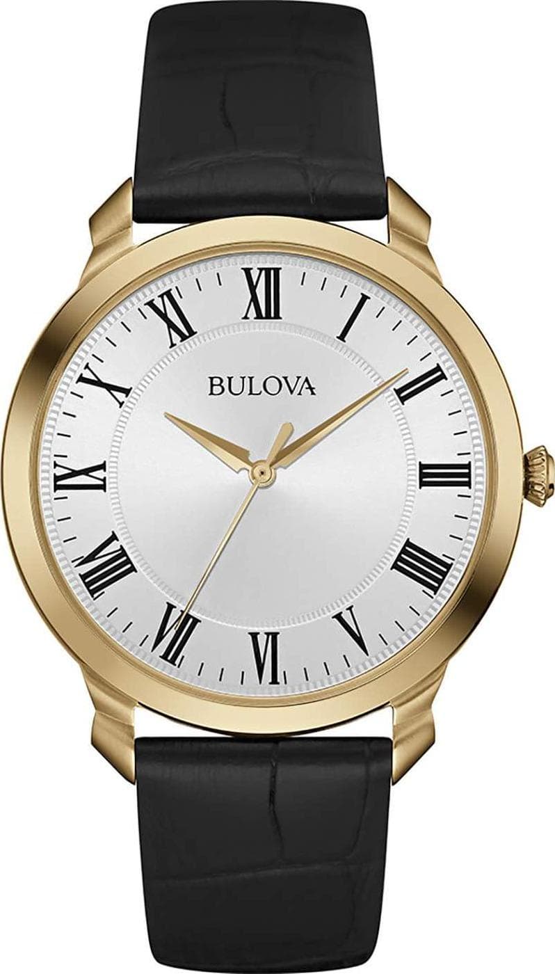 Bulova Men’s Classic 3-Hand Quartz Black Leather Strap Watch, Roman Numeral Markers, 41mm