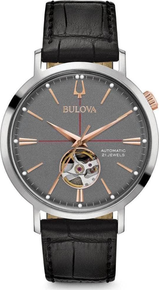 Bulova Men’s Classic Aerojet 3-Hand Automatic Leather Strap Watch, Open Aperture, 40-Hour Power Reserve, Double Curved Mineral Crystal, 41mm