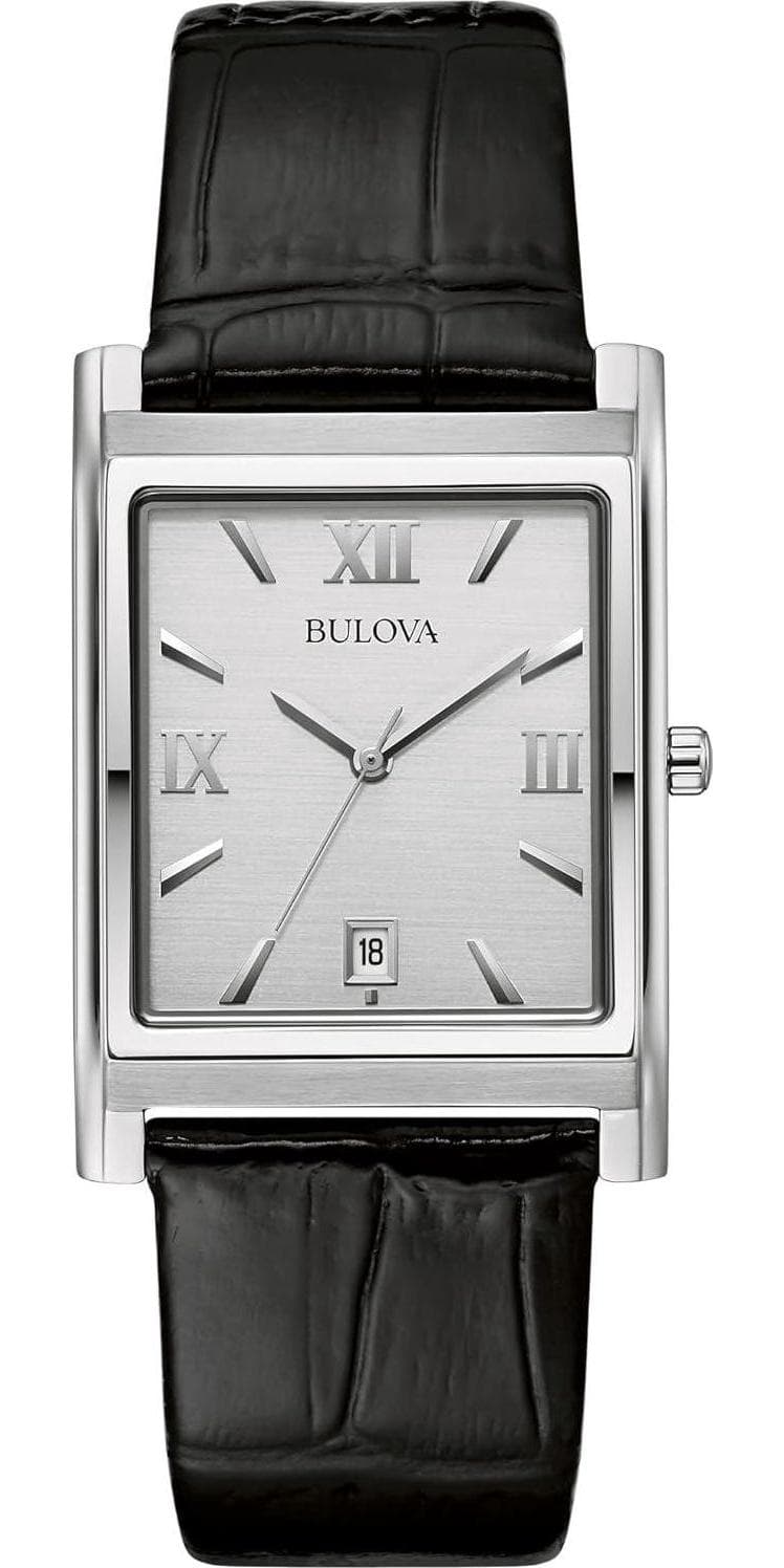 Bulova Men’s Stainless Steel 3-Hand Calendar Date Quartz Watch with Black Leather Strap, Rectangle Dial Style: 96B107
