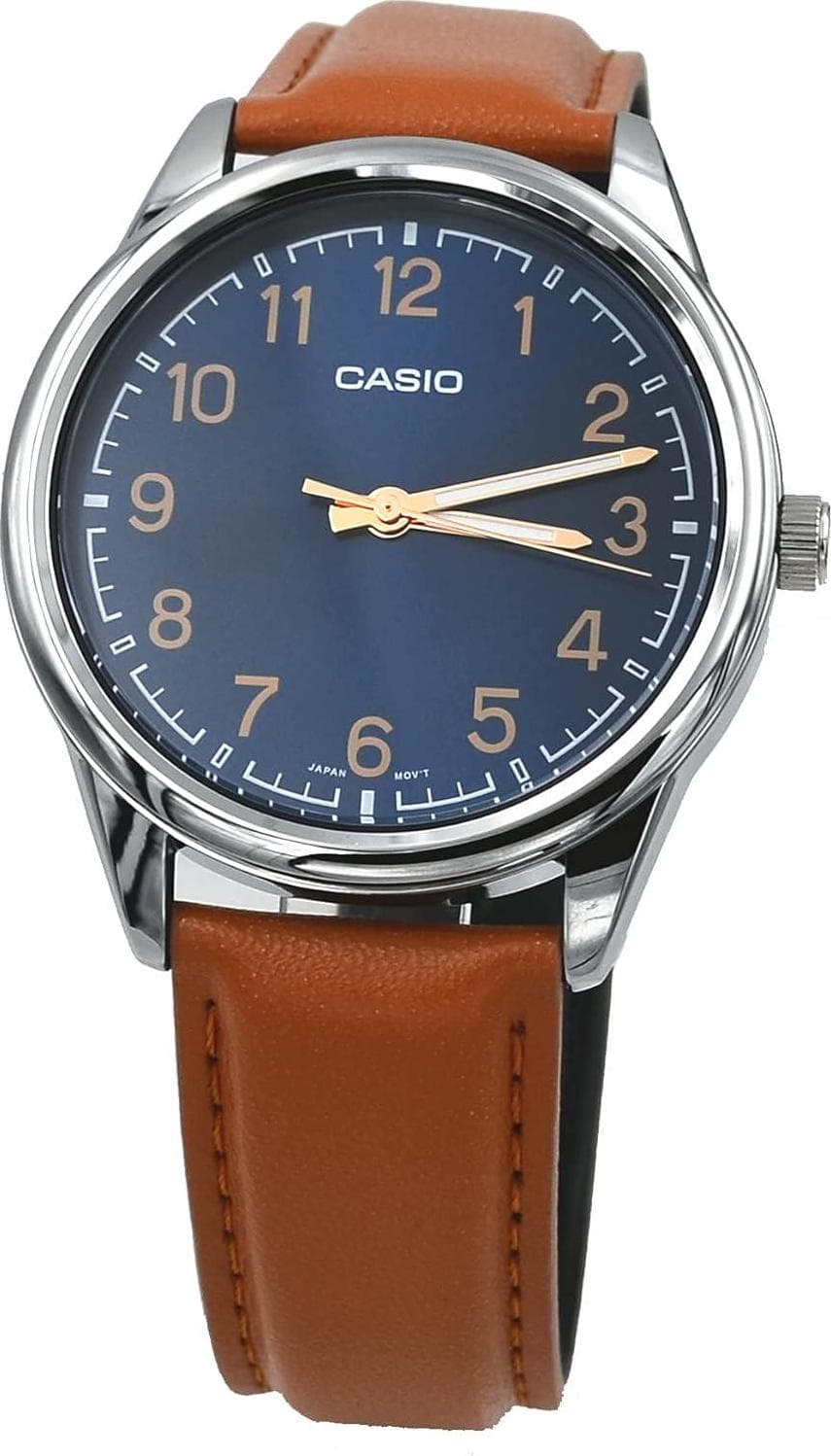 Casio MTP-V005L-2B4 Men’s Standard Analog Tan Leather Band Blue Numbers Dial Watch