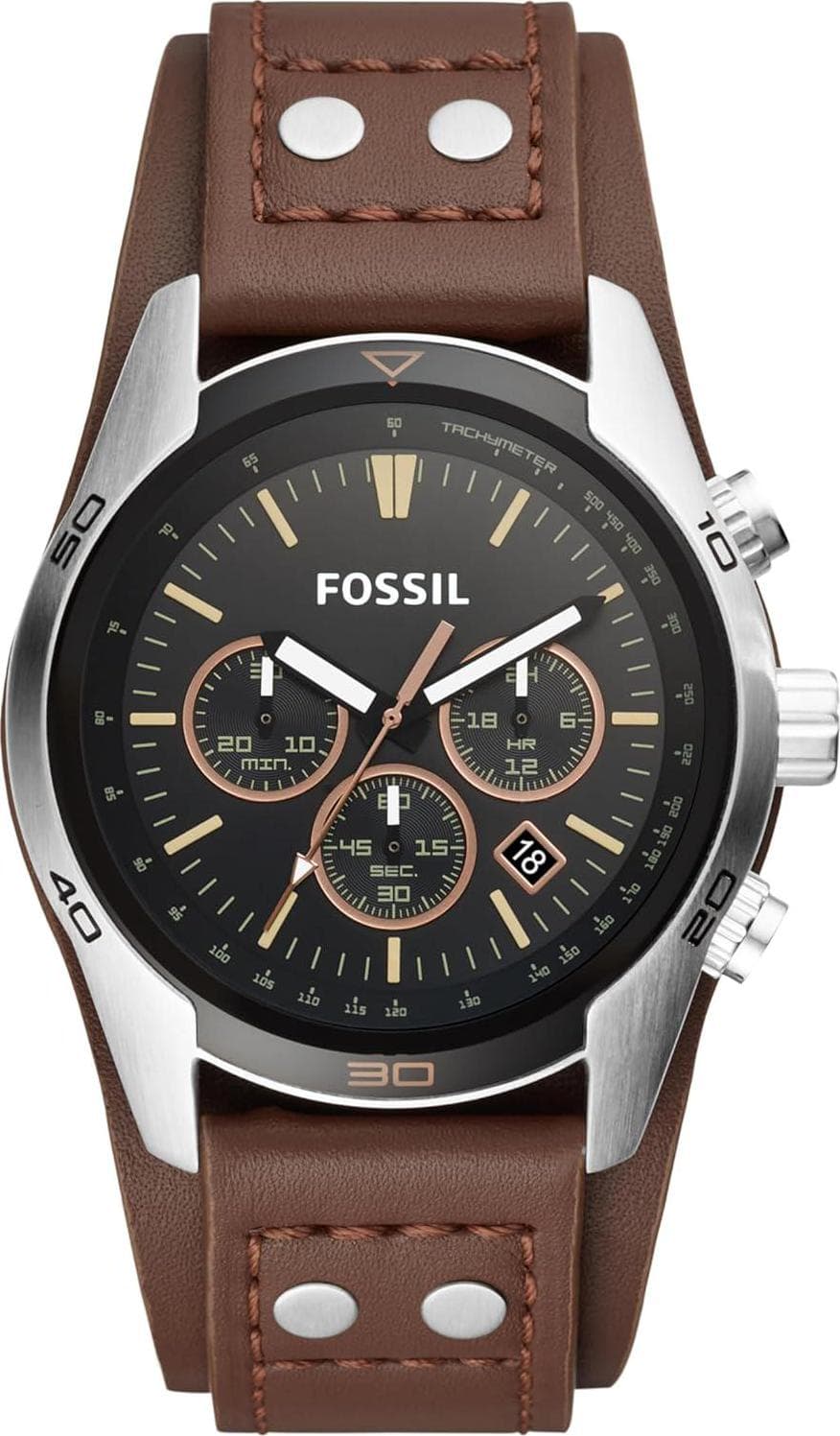 Fossil Men’s Coachman Quartz Stainless Steel and Leather Chronograph Watch, Color: Silver, Brown (Model: CH2891)