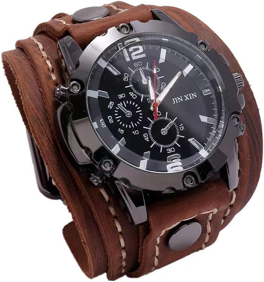 Handmade Men Watches Vintage Punk Hip-hop Gothic Wide PU Leather Fashion Cuff Round Dial Quartz Wristwatch Big Dial Black Brown