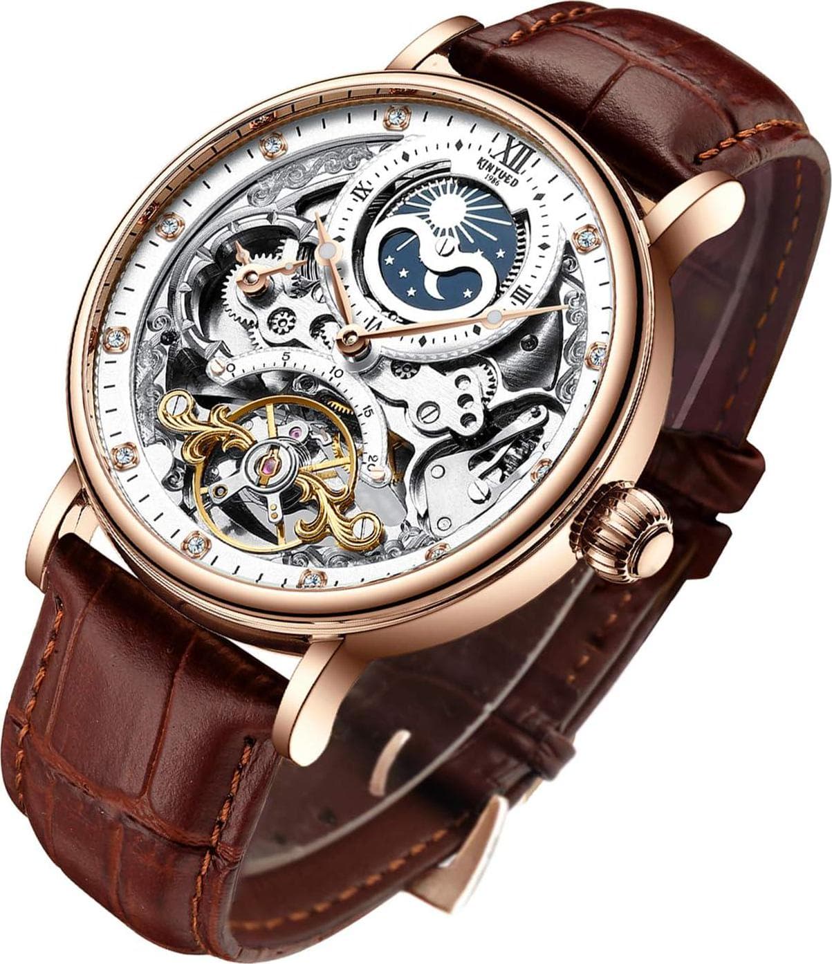IK COLOURING Bestn Mens Luxury Skeleton Automatic Mechanical Wrist Watches Leather Moon Phrase Luminous Hands Self-Wind Watch