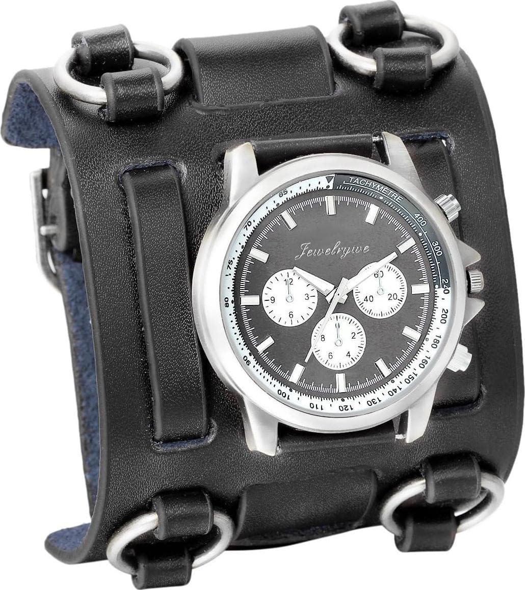 JewelryWe Black Brown Hip-hop Gothic Punk Style Men Watch Wide Leather Fashion Cuff Wristwatch for Valentine s Day