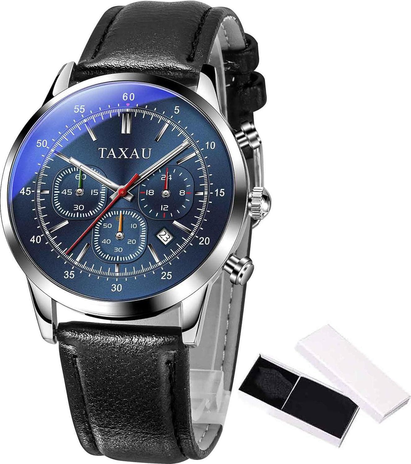 Men Watch Black Leather Watches for Men Date Day Quartz Analog Diamonds Large Face Waterproof Watch for Men Gifts for Him