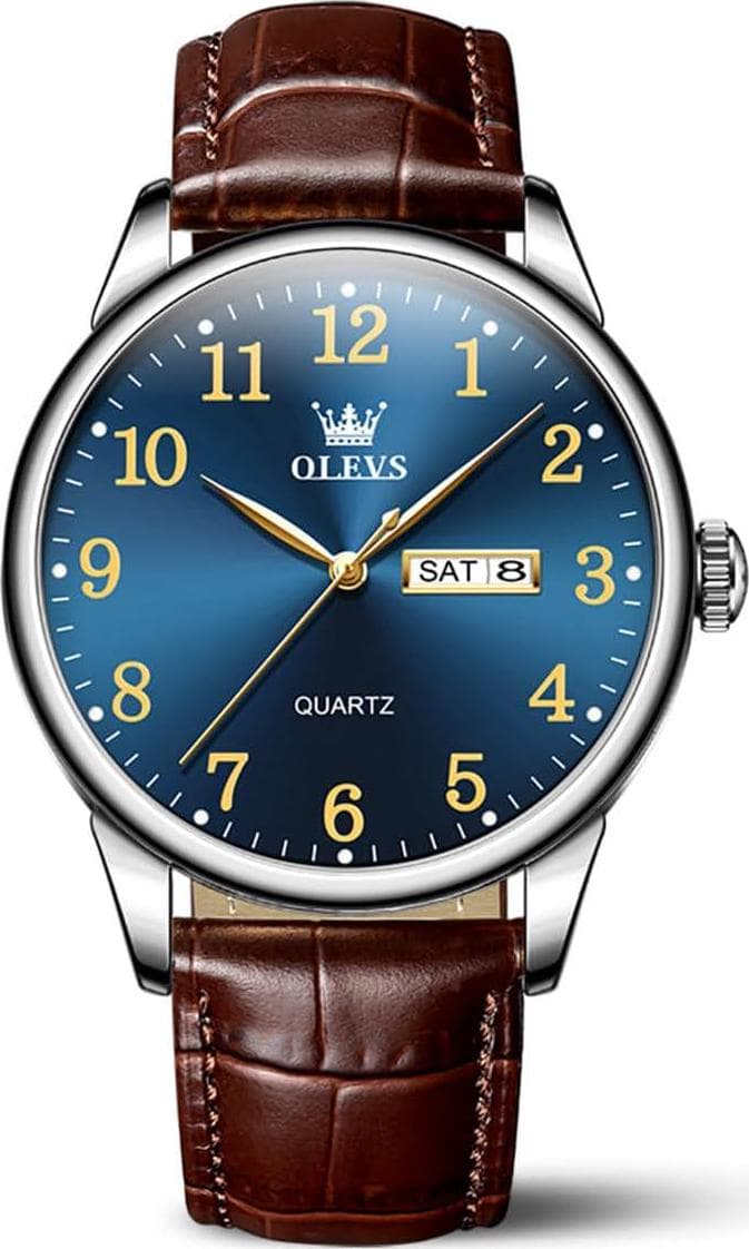 OLEVS Mens Watches, Casual Leather Watches for Men Easy to Read Quartz Number Watch with Date Waterproof Blue/Black/Silver Face Men’s Wrist Watches