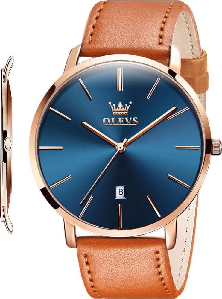OLEVS Mens Watches Minimalist Ultra Thin Fashion Casual Analog Quartz Date Watch Waterproof Slim Simple Big Face Dress Wrist Watch with Retro Leather Band for Men