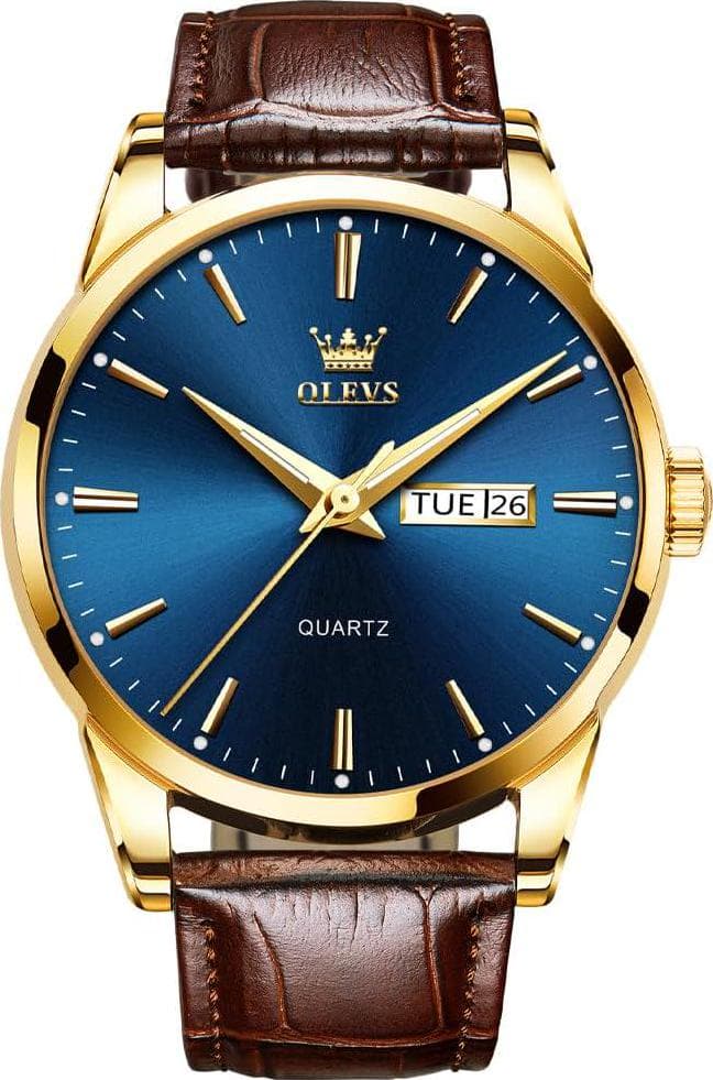 OLEVS Watch for Men Chronograph Brown Leather Gold Case Analog Quartz Fashion Business Dress Large Face Men Watch Day Date Luminous Waterproof Casual Male Wrist Watch Black/Blue/White Dial