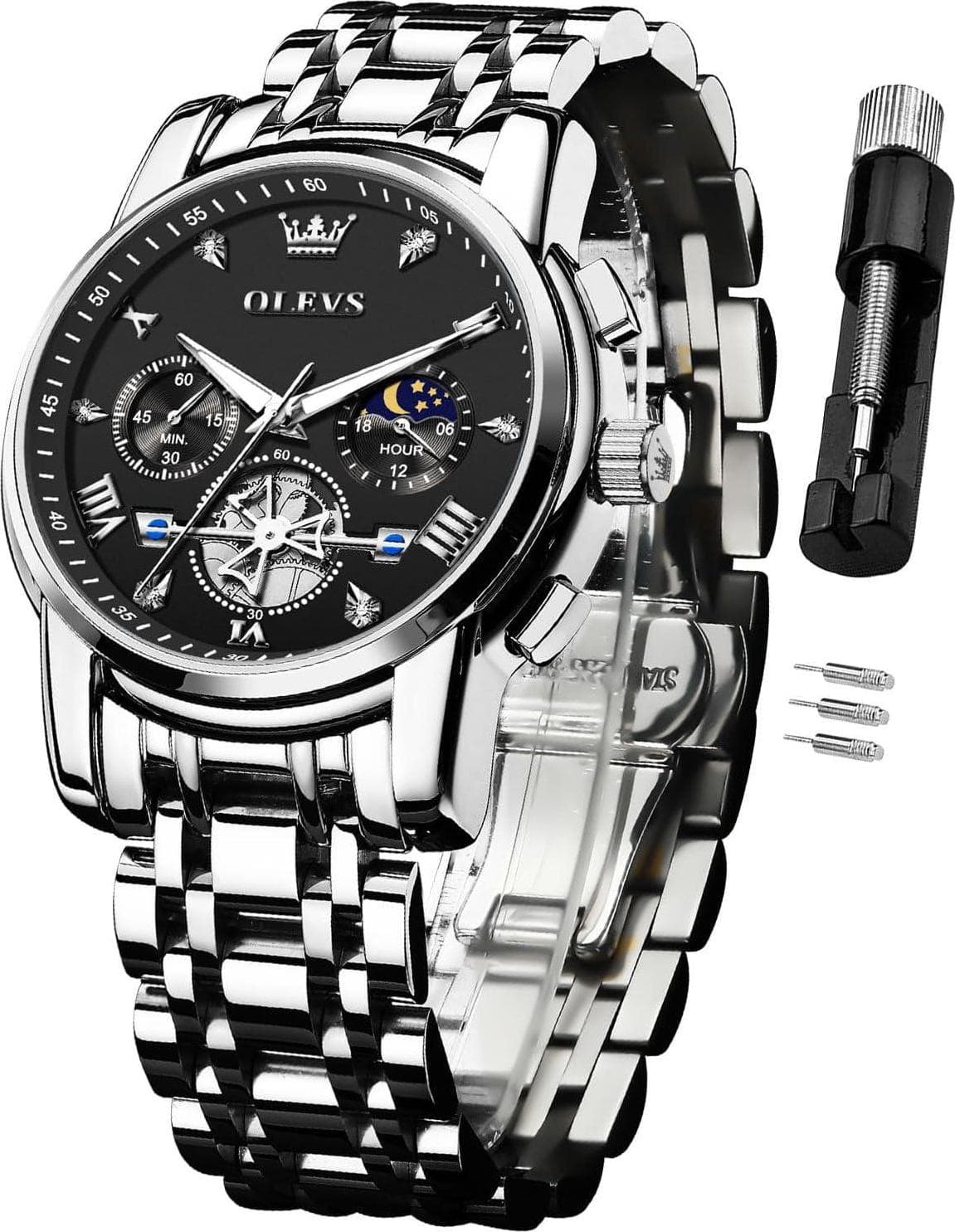 OLEVS Watch for Men Stainless Steel Chronograph Big Face Easy to Read Analog Quartz Watches Luxury Waterproof Date Diamond Roman Arabic Numerals Dial Dress Wrist Watches