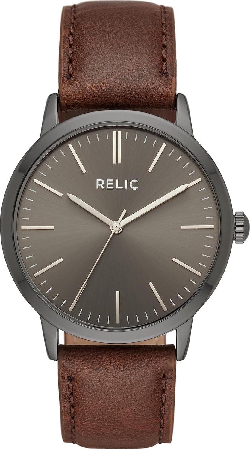 Relic by Fossil Men’s Jeffrey Three-Hand Gunmetal Gray Alloy Metal and Dark Brown Leather Band Watch (Model: ZR77300)